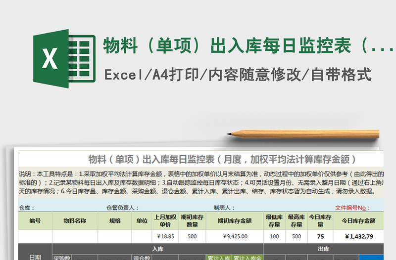 2021年物料（单项）出入库每日监控表（月度，加权平均法)