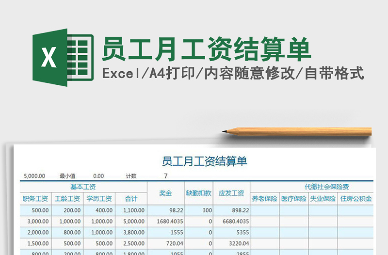 2022年员工月工资结算单免费下载