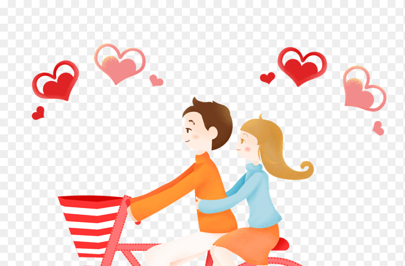 简约插画风卡通人物骑单车的情侣粉色爱心装饰浪漫情人节免抠元素素材