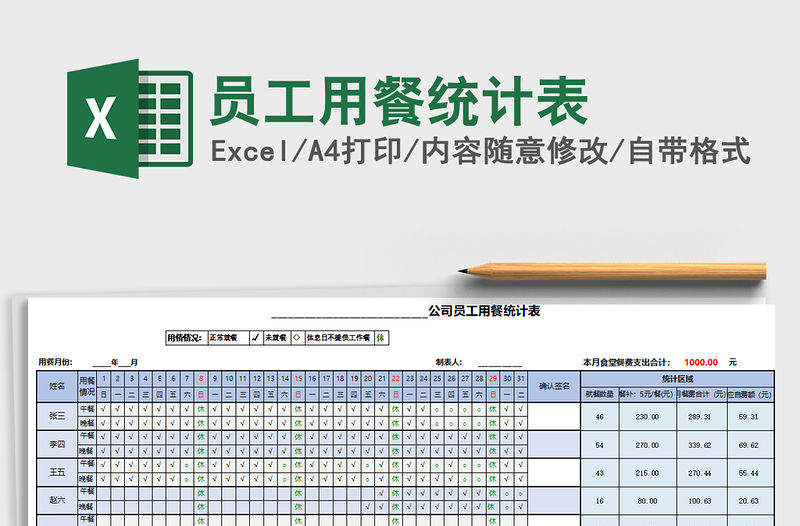 2021年員工用餐統計表免費下載
