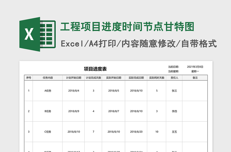 工程項(xiàng)目進(jìn)度時(shí)間節(jié)點(diǎn)甘特圖Excel表格模板