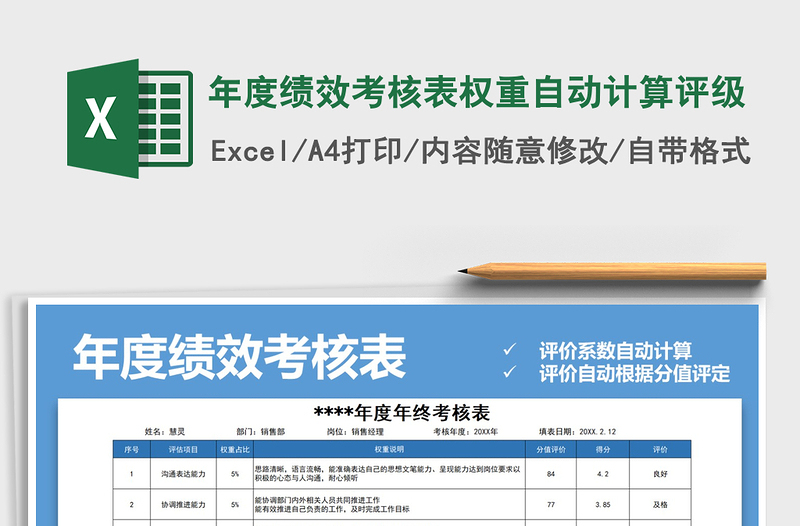 2021年年度績效考核表權(quán)重自動計算評級