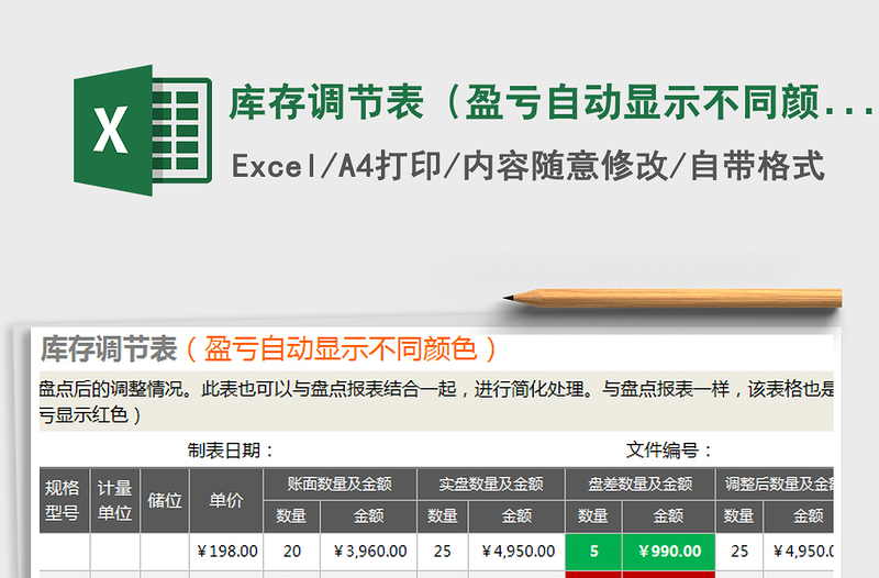 2021年庫存調(diào)節(jié)表(盈虧自動顯示不同顏色)免費下載