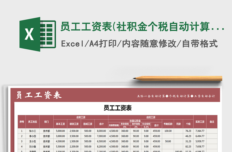 2021年员工工资表(社积金个税自动计算)