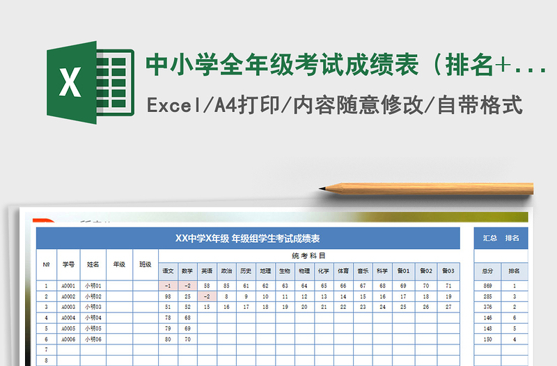 2021年中小學全年級考試成績表（排名+分數段統(tǒng)計）