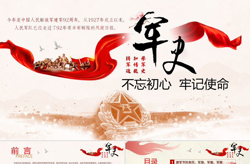 原創精細解讀建軍節中國人民解放軍軍史ppt模板-版權可商用