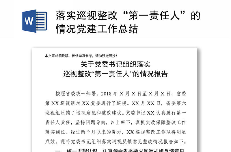 落實巡視整改“第一責任人”的情況黨建工作總結