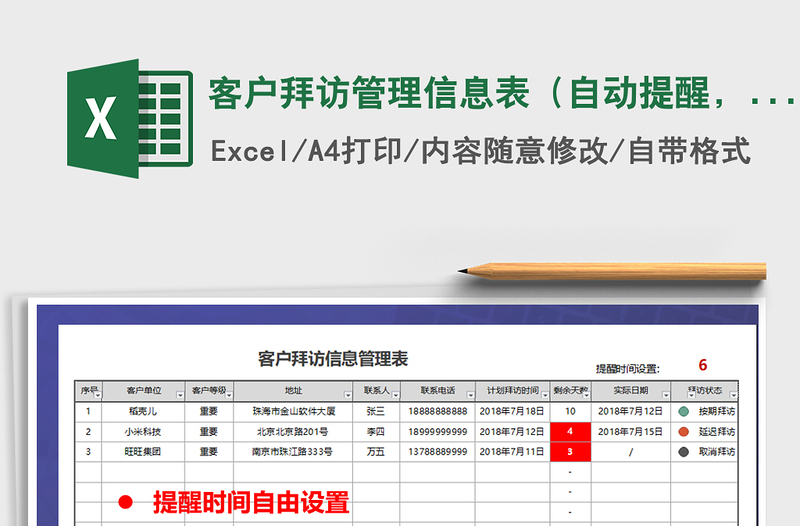 2021年客户拜访管理信息表（自动提醒，可打印）