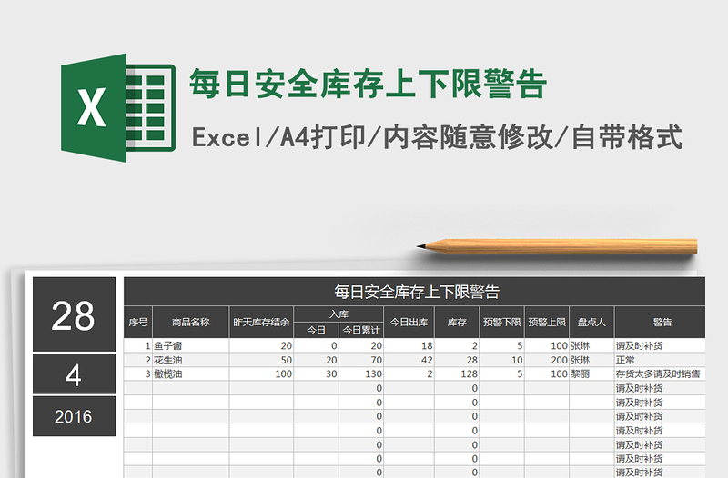 2021年每日安全库存上下限警告免费下载