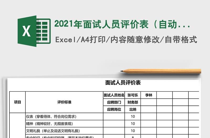 2021年面試人員評(píng)價(jià)表(自動(dòng)計(jì)算得分)免費(fèi)下載