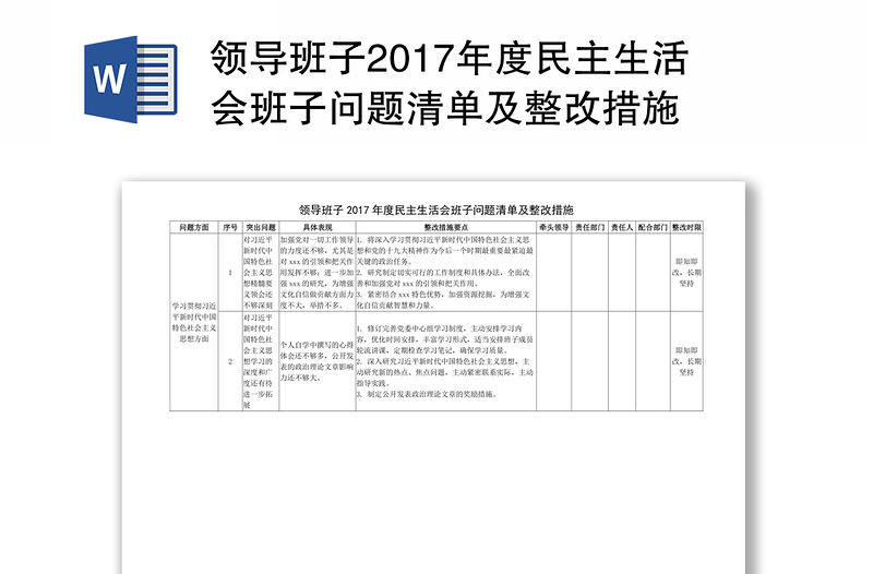 領導班子2017年度民主生活會班子問題清單及整改措施