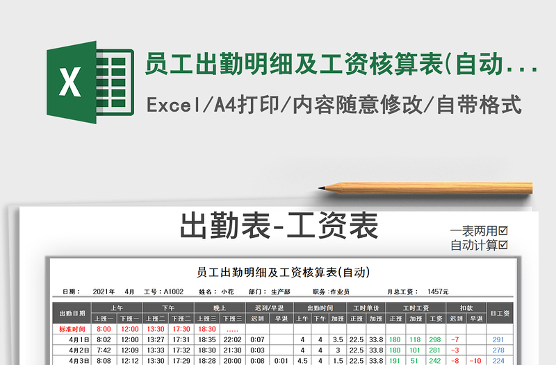 2021年员工出勤明细及工资核算表(自动)