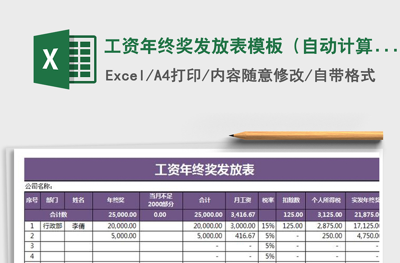 2022年工资年终奖发放表模板（自动计算）免费下载