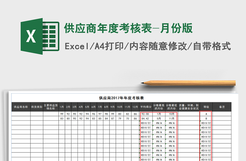 2022年供应商年度考核表-月份版免费下载