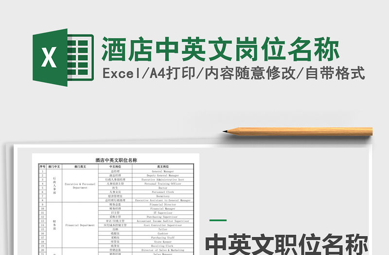 2022年酒店中英文崗位名稱