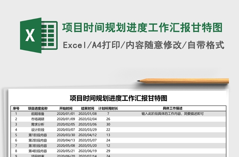項(xiàng)目時(shí)間規(guī)劃進(jìn)度工作匯報(bào)甘特圖Excel表格模板