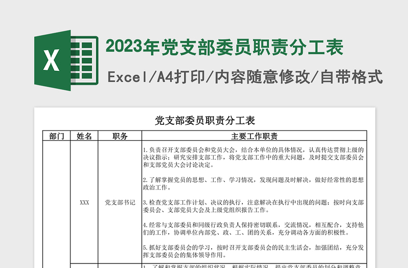 2023年党支部委员职责分工表