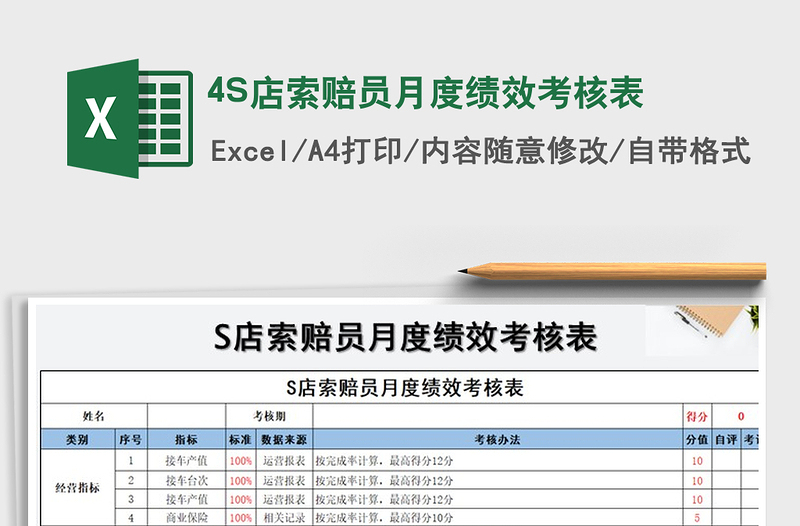 4S店索赔员月度绩效考核表免费下载