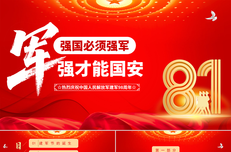 強(qiáng)國必須強(qiáng)軍軍強(qiáng)才能國安PPT八一建軍節(jié)熱烈慶祝建軍98周年專題課件