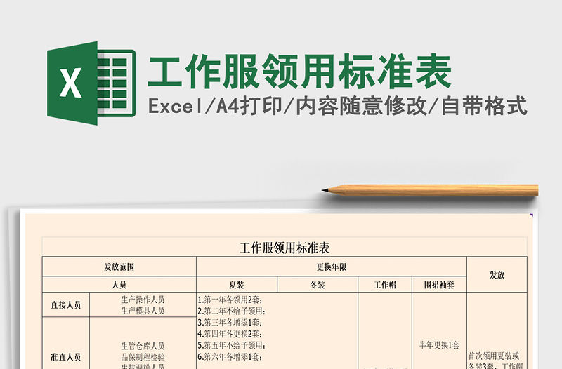 2021年工作服領用標準表