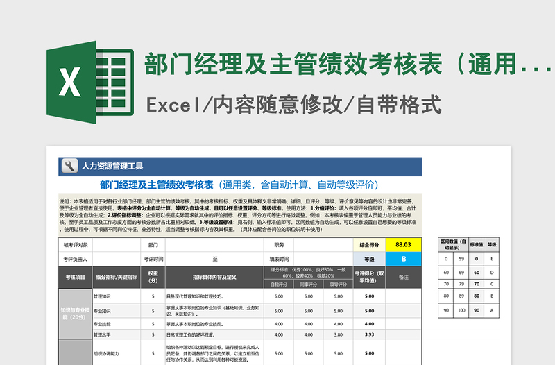 2021年部门经理及主管绩效考核表（通用，自动计算、评价）