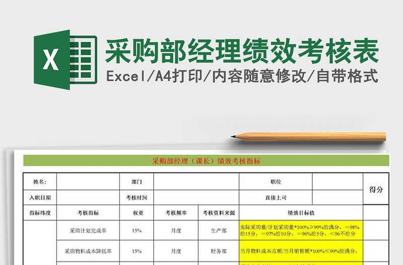 2021年采购部经理绩效考核表免费下载