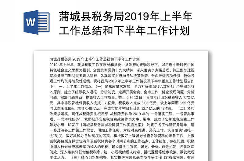 蒲城县税务局2019年上半年工作总结和下半年工作计划