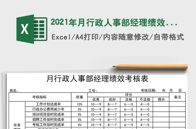 2021年月行政人事部經(jīng)理績效考核表免費下載