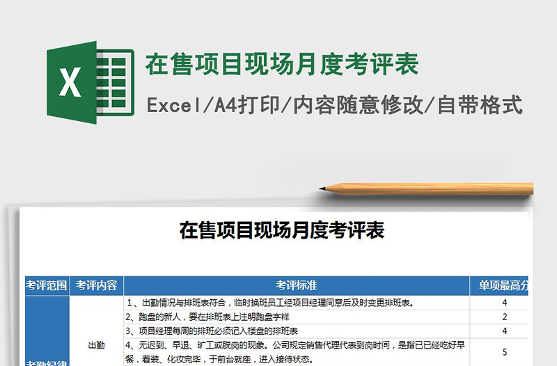 2022年在售項目現(xiàn)場月度考評表免費下載