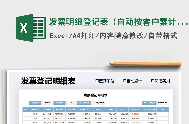 2021年發(fā)票明細登記表(自動按客戶累計)