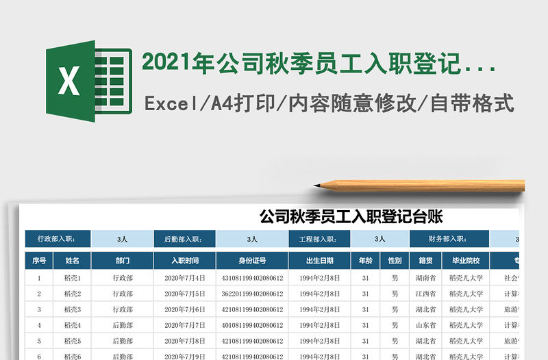 2021年公司秋季員工入職登記臺賬