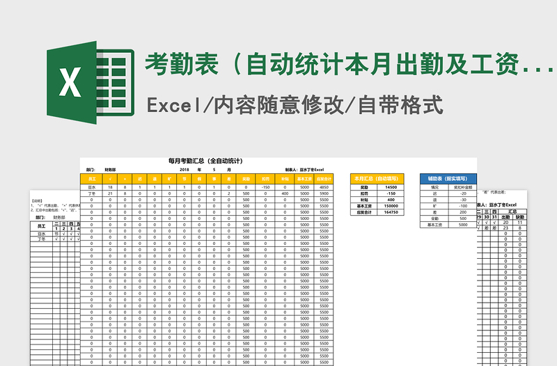 2021年考勤表(自動統(tǒng)計本月出勤及工資)