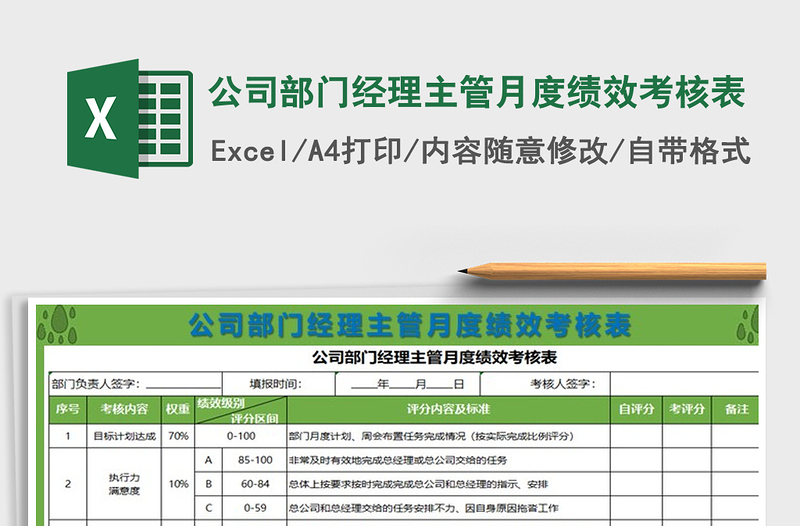 2021年公司部门经理主管月度绩效考核表