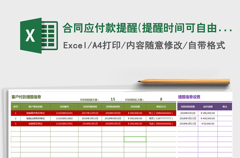 2021年合同應(yīng)付款提醒(提醒時(shí)間可自由設(shè)置,自動(dòng)計(jì)算)