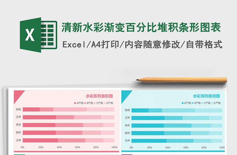 2021年清新水彩漸變百分比堆積條形圖表