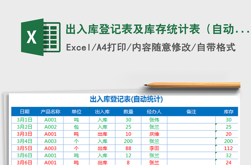 2021年出入庫(kù)登記表及庫(kù)存統(tǒng)計(jì)表（自動(dòng)標(biāo)記顏色，盤點(diǎn)對(duì)賬）免費(fèi)下載