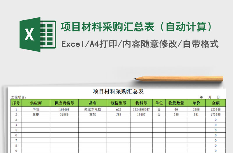 2021年項目材料采購匯總表（自動計算）