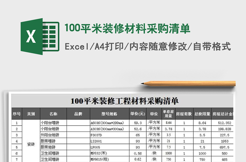 2021年100平米裝修材料采購清單