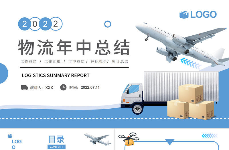 2022物流行業年中總結計劃PPT藍色沉靜簡潔風物流部經理物流公司下半年工作計劃述職報告