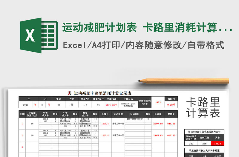 2021年運動減肥計劃表 卡路里消耗計算記錄表