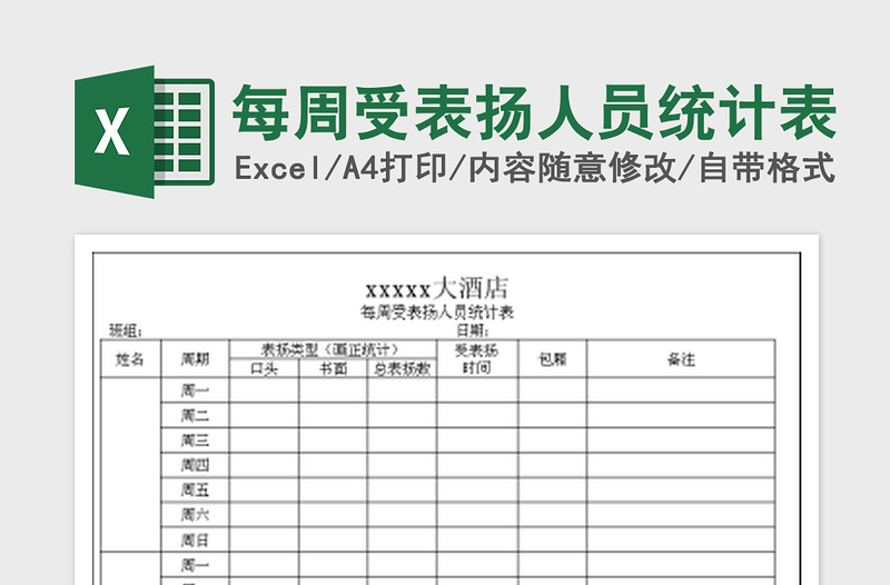 2022每周受表扬人员统计表免费下载