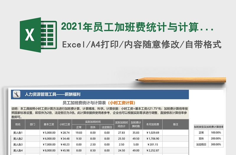 2021年員工加班費(fèi)統(tǒng)計與計算表(小時工資計算)