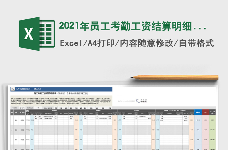 2021年員工考勤工資結(jié)算明細(xì)表(詳細(xì)版-含考勤扣款加班工資)