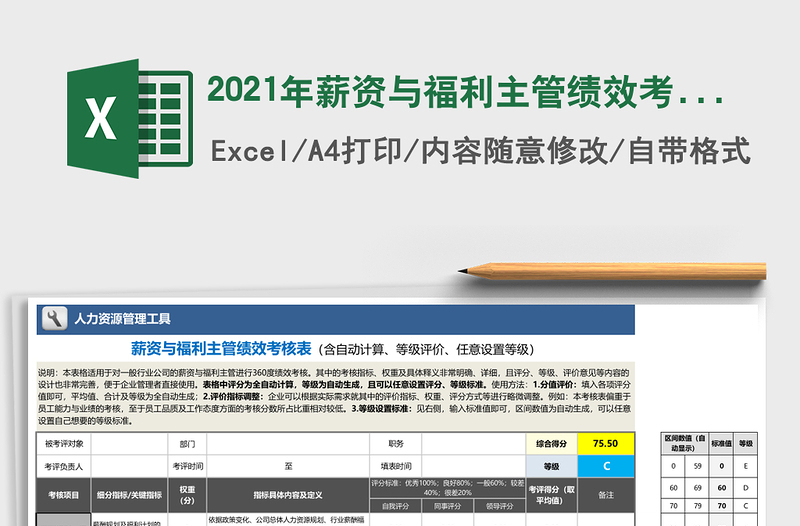2021年薪資與福利主管績(jī)效考核表(自動(dòng)計(jì)算、任意設(shè)置等級(jí))