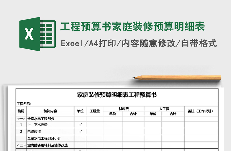 2021年工程预算书家庭装修预算明细表