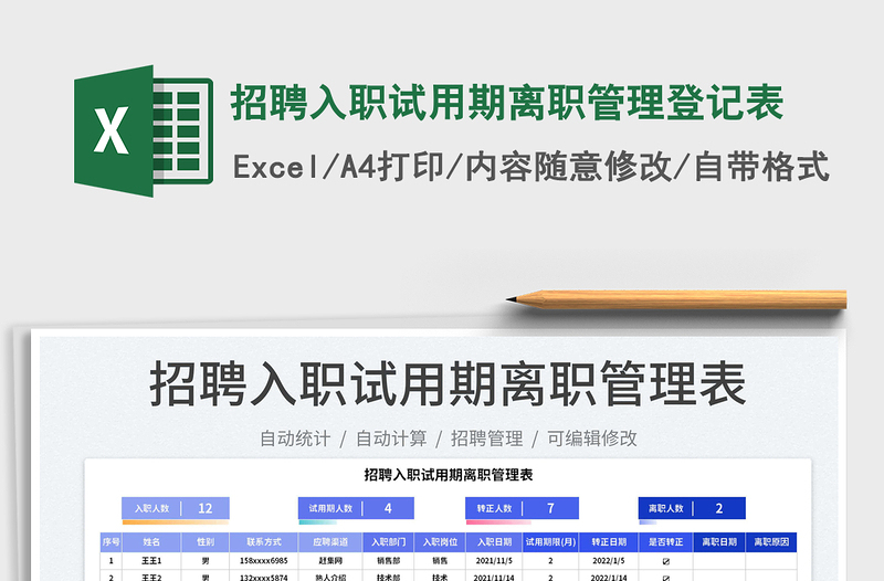 2022招聘入职试用期离职管理登记表免费下载