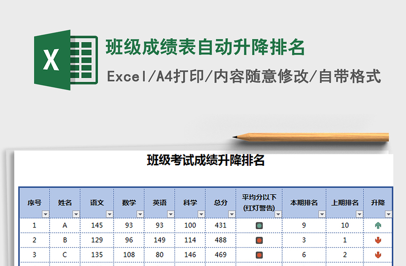 2021年班级成绩表自动升降排名免费下载