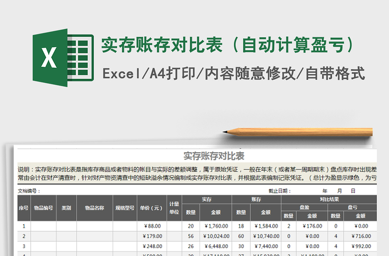 2022年實(shí)存賬存對(duì)比表(自動(dòng)計(jì)算盈虧)免費(fèi)下載