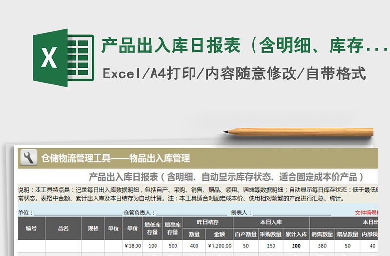 2022年產(chǎn)品出入庫日報表（含明細、庫存監(jiān)控、固定成本價）免費下載