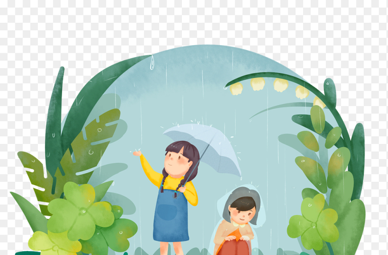 卡通人物两个小女孩撑伞中国传统二十四节气雨水时节主题素材免抠元素